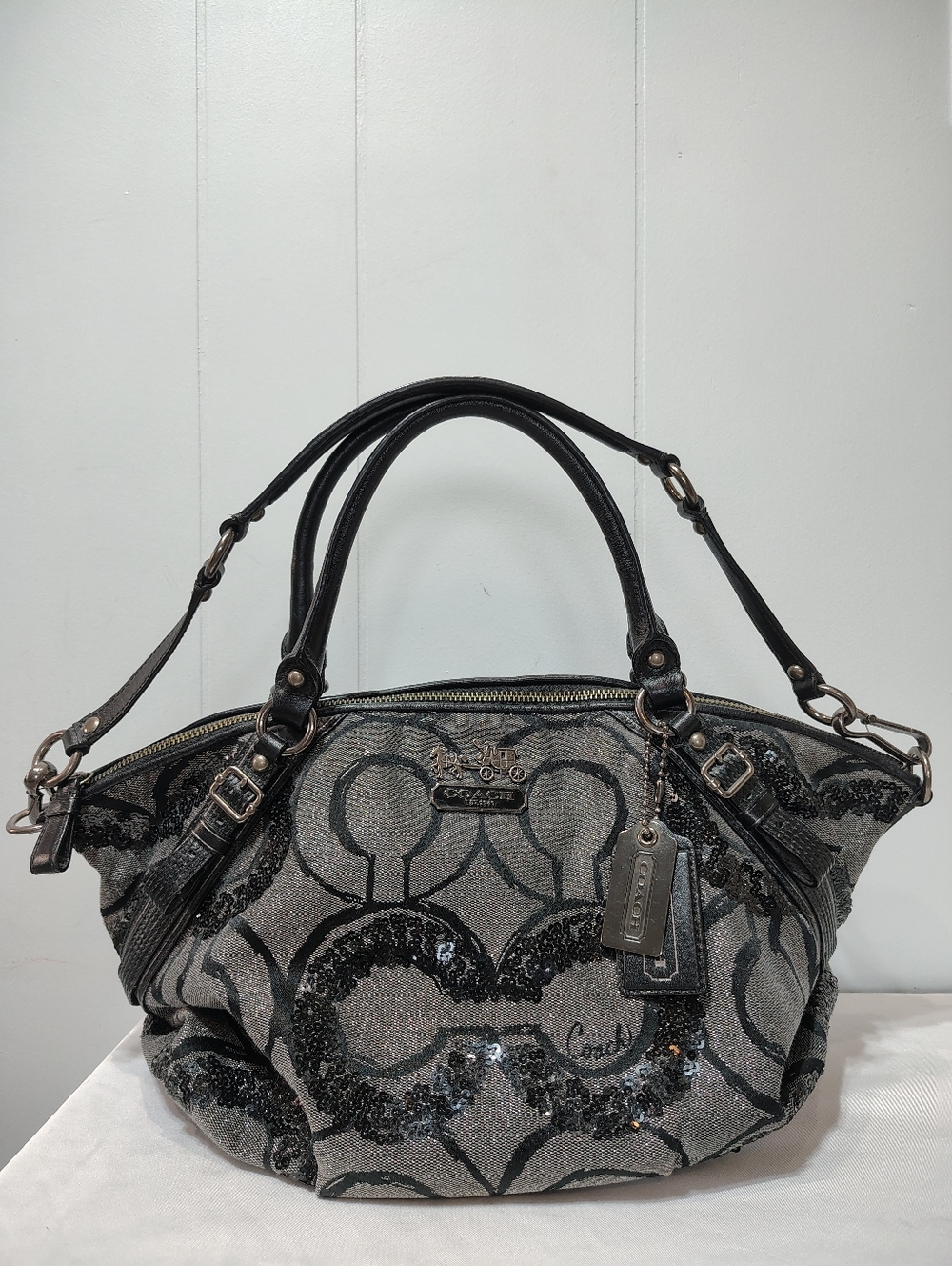 Coach Madison Op Art Sequin Shoulder Bag Satchel Silver Black